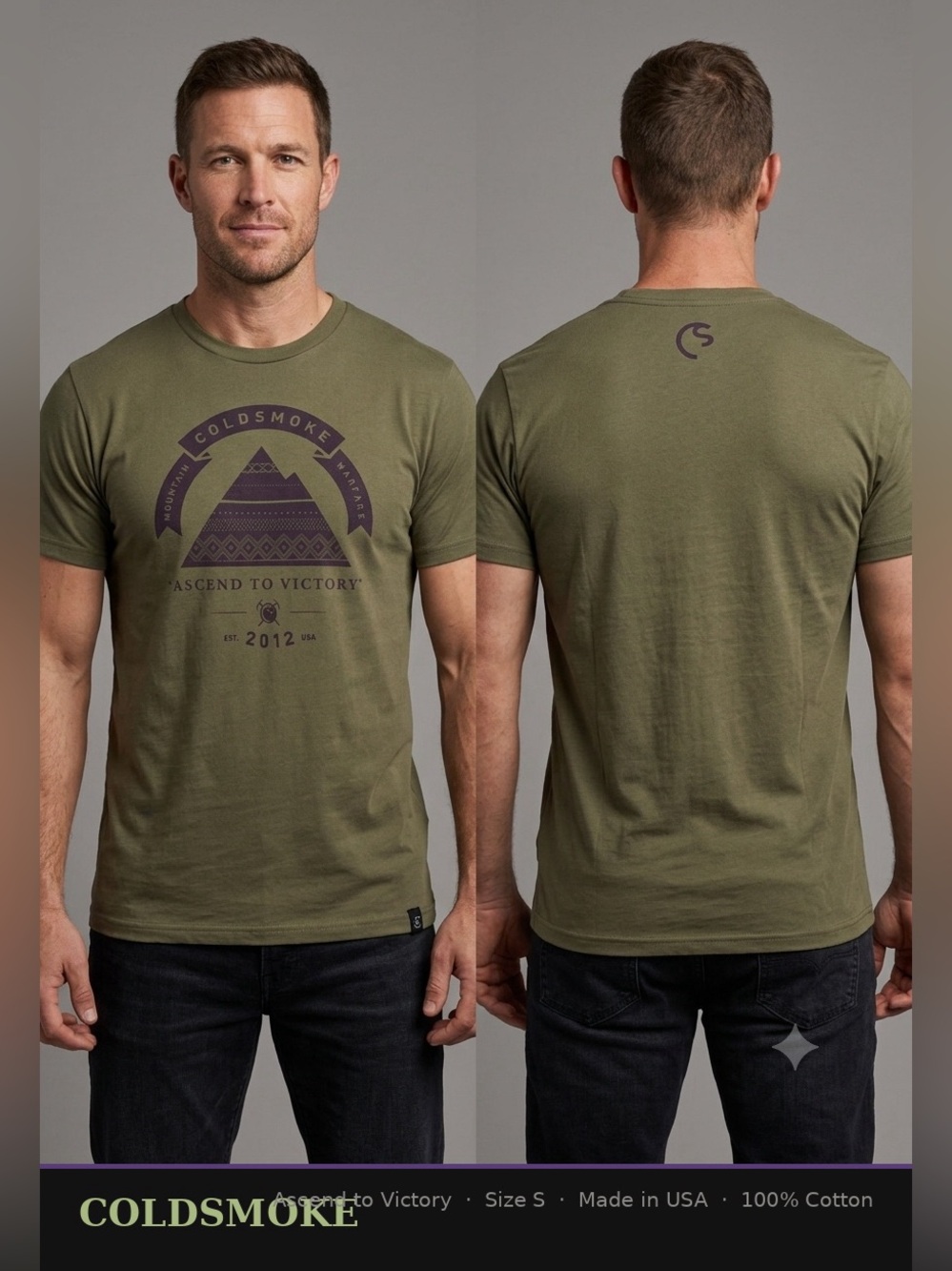 Coldsmoke Ascend To Victory Mountain Warfare Graphic T-Shirt Olive Green  S  USA